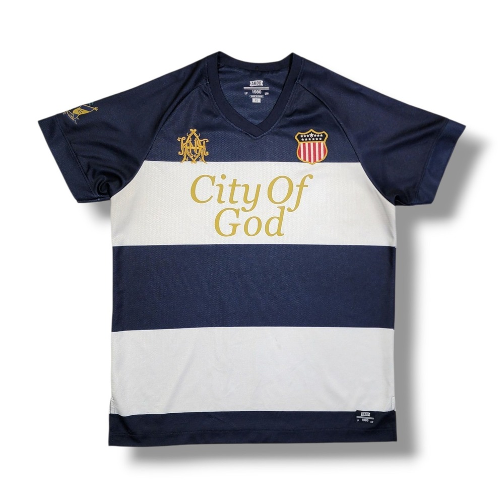 Akoo‎ City Of God #80 Live Full Live Well Navy White and Gold Jersey Men's XL